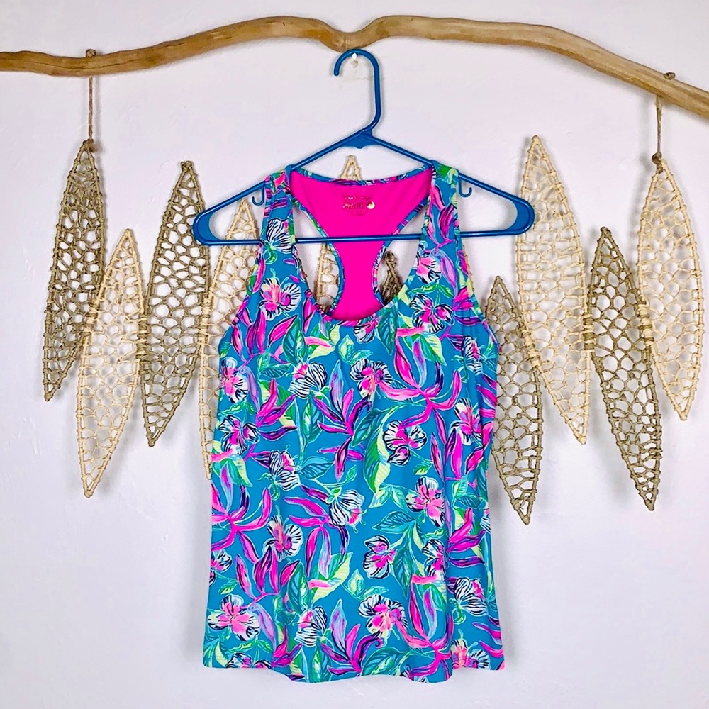 Lilly Pulitzer Luxletic Mina Bra Tank Top Formentera Turquoise Keep On Beleafing